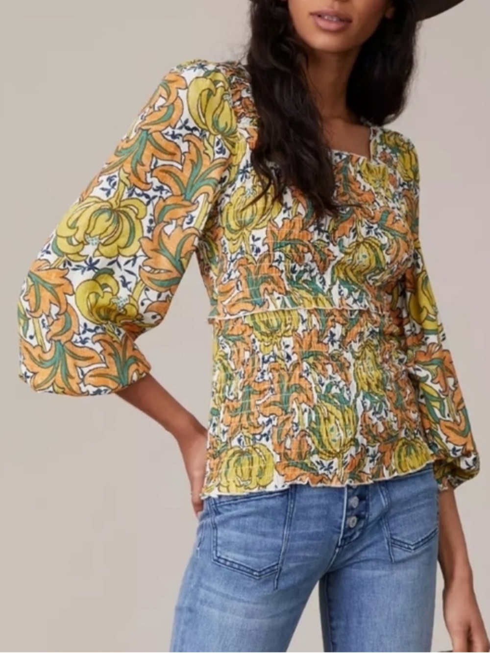 Anthropologie Smocked Rayna Abstract Blouse